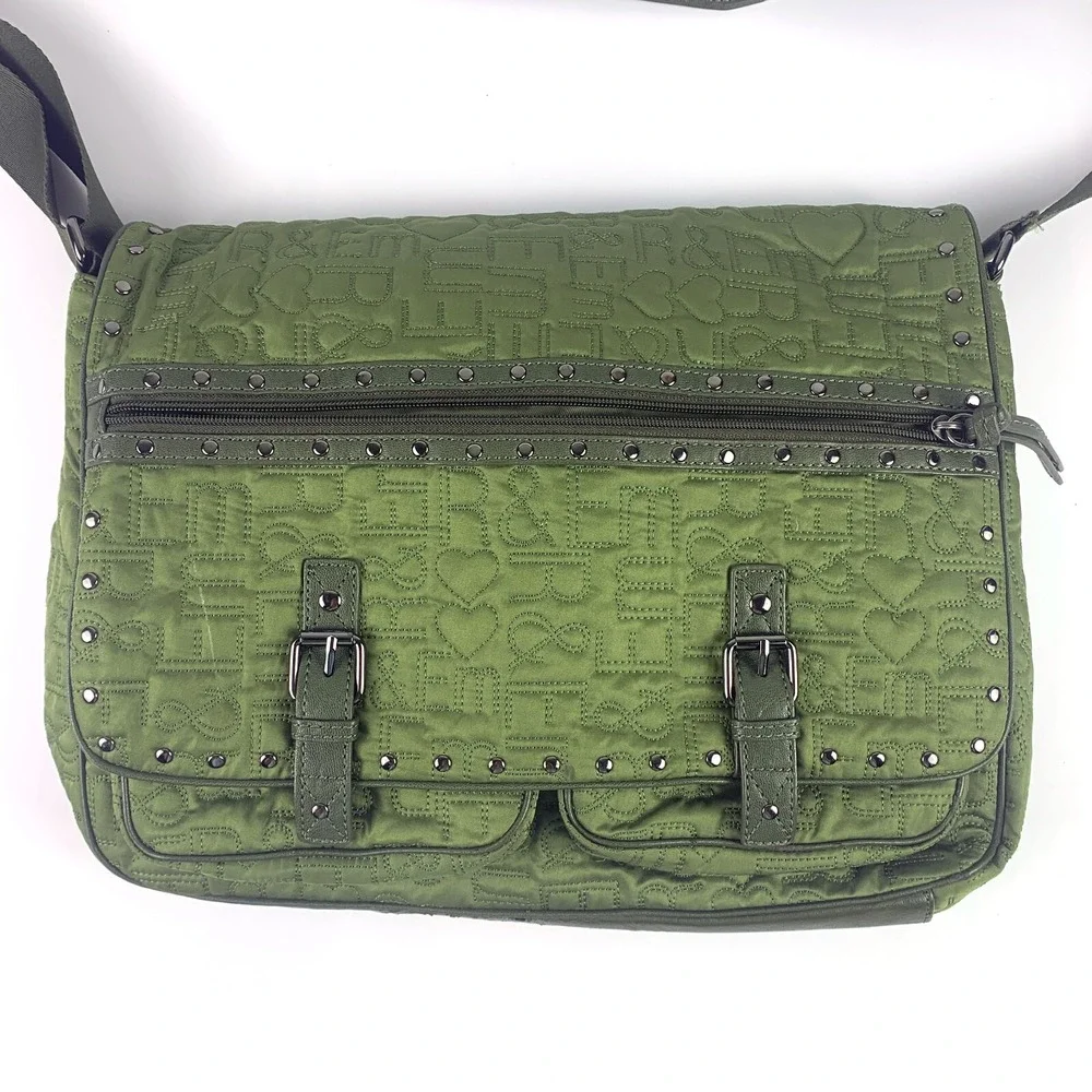 R & Em Green Quilted Messenger‎ Bag Studded Trim School Computer Sling SEE/READ